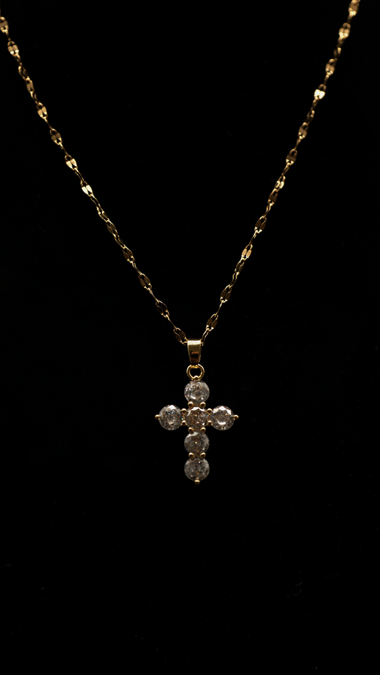 Kreuzkette runde Steine / gold